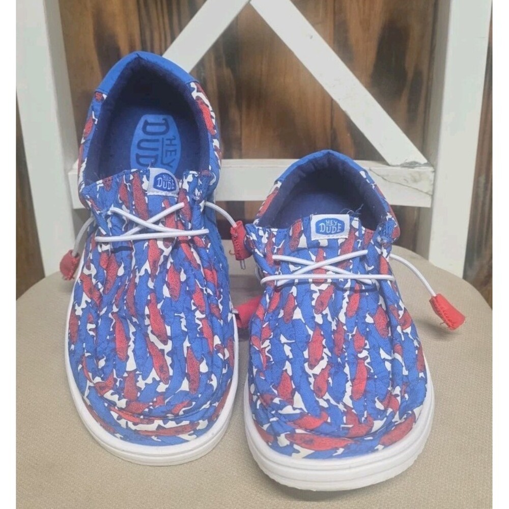 Hey Dude Wally H2O Red White Blue Fish Camo Slip-on Loafers, Men's 11